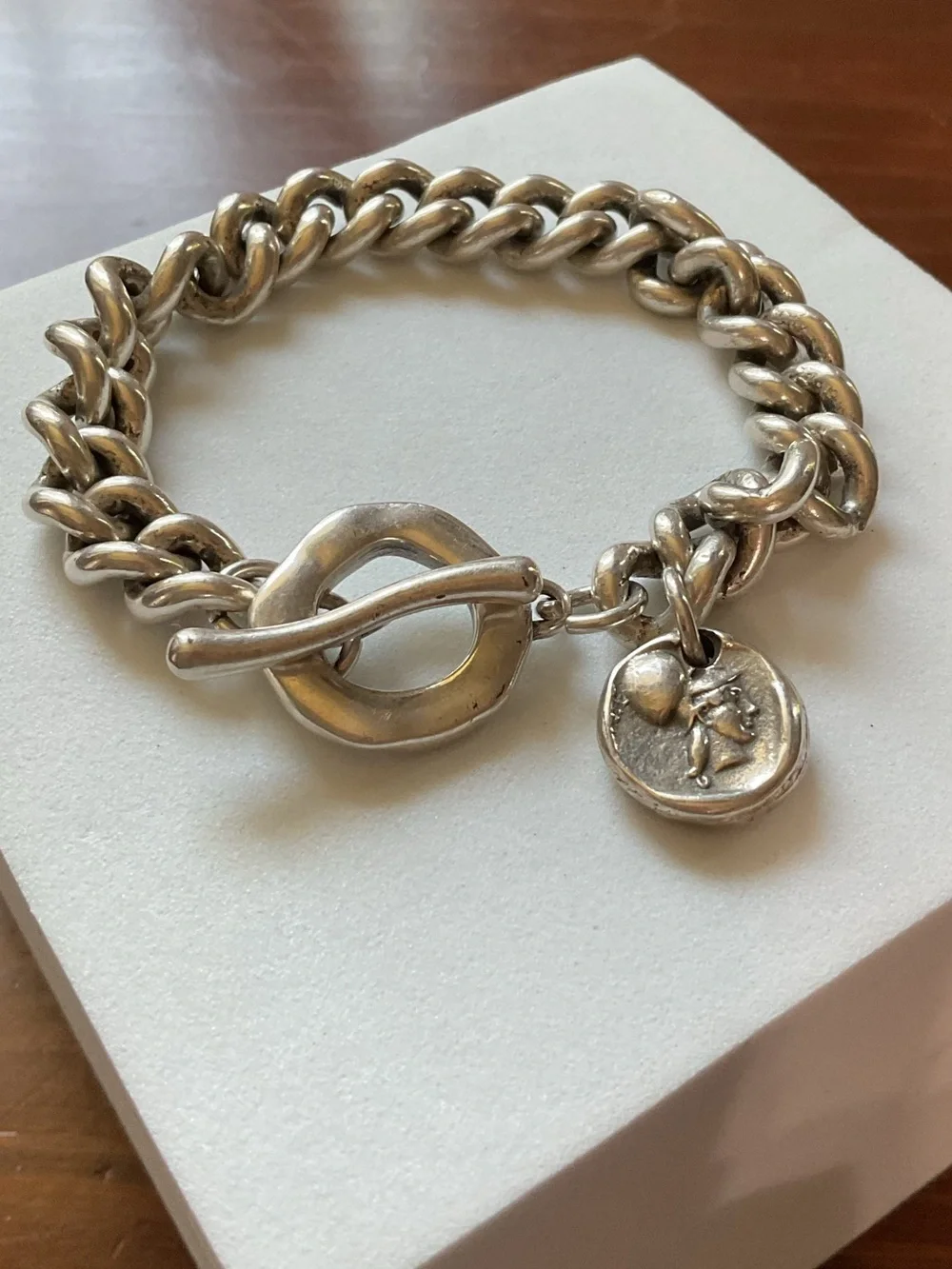 Vintage Silver Plated Warrior Pegasus Charm Toggle Clasp Chain Link Bracelet